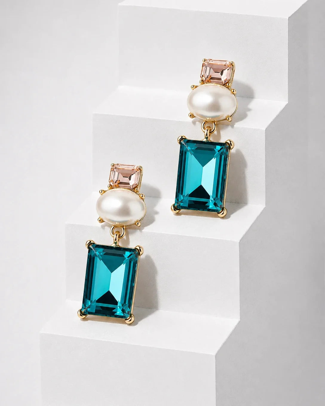 Matilda Geometric Crystal and Faux Pearl Earrings in Pink and Teal