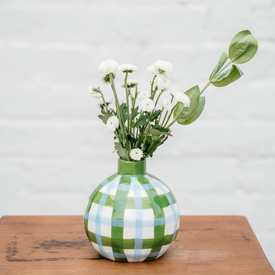 Round Bud vase- Emerald & Cornflour Gingham