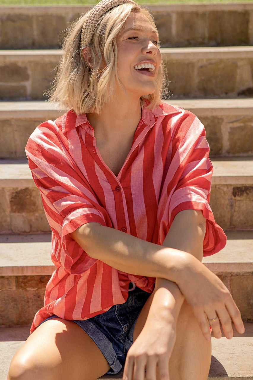 ELM Palermo Linen Blend Stipe Shirt - Poppy