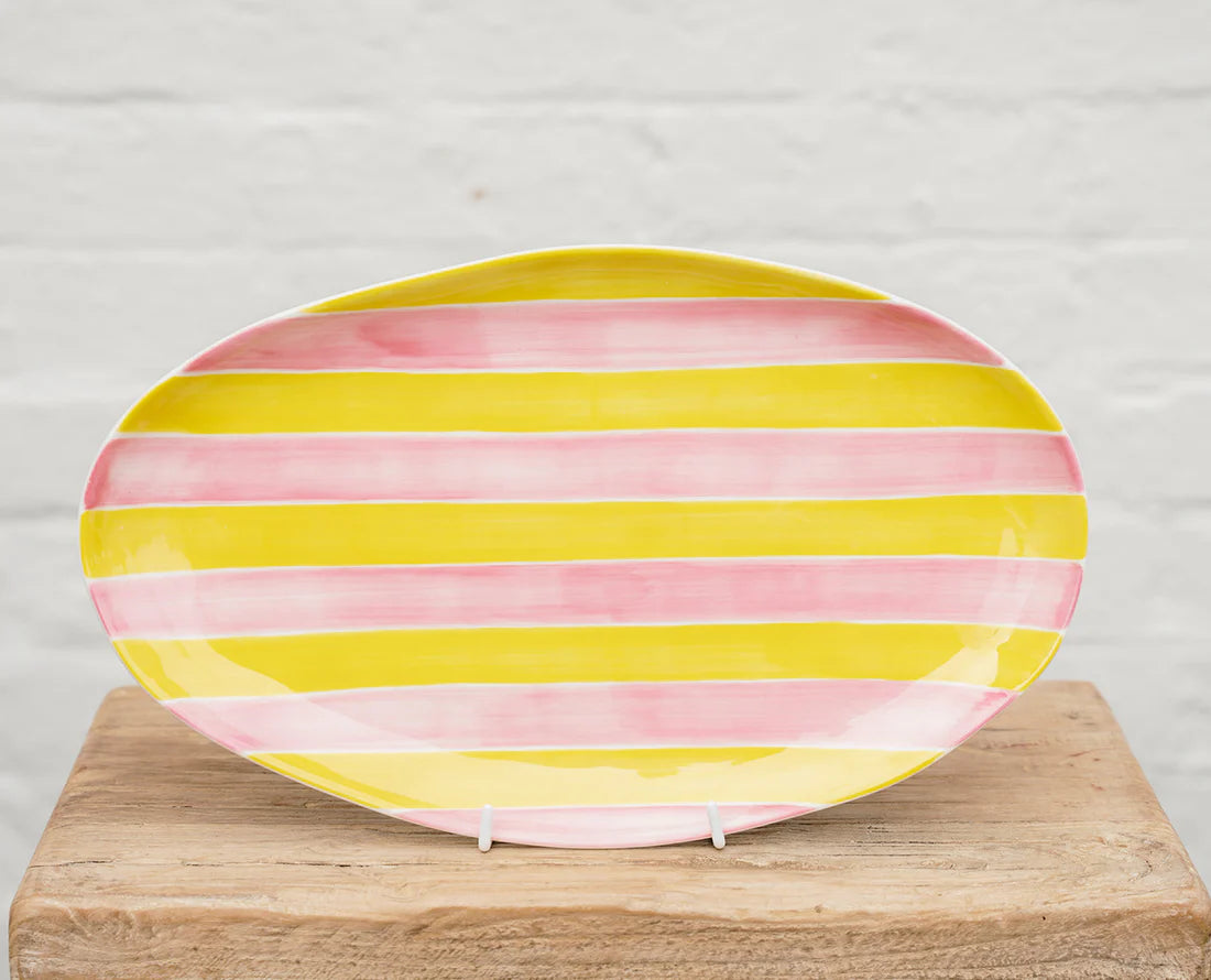 Small Oval Platter - Pink & Yellow Stripe