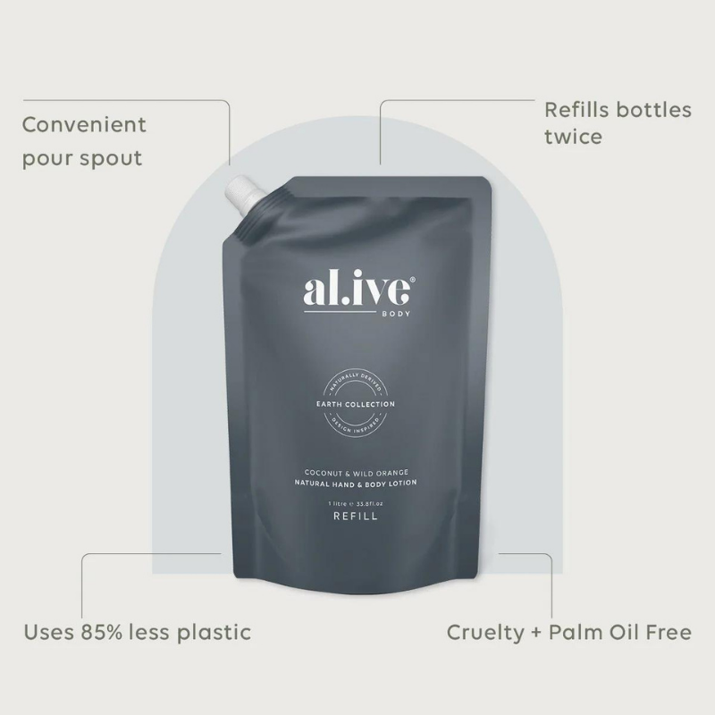 al.ive 1 Litre Lotion Refill - Coconut & Wild Orange