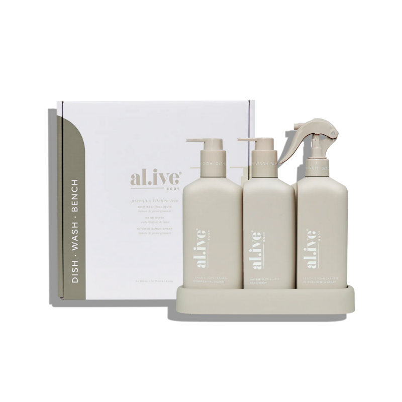 al.ive Dishwashing Liquid, Hand Wash & Bench Spray + Tray, Premium Kitchen Trio