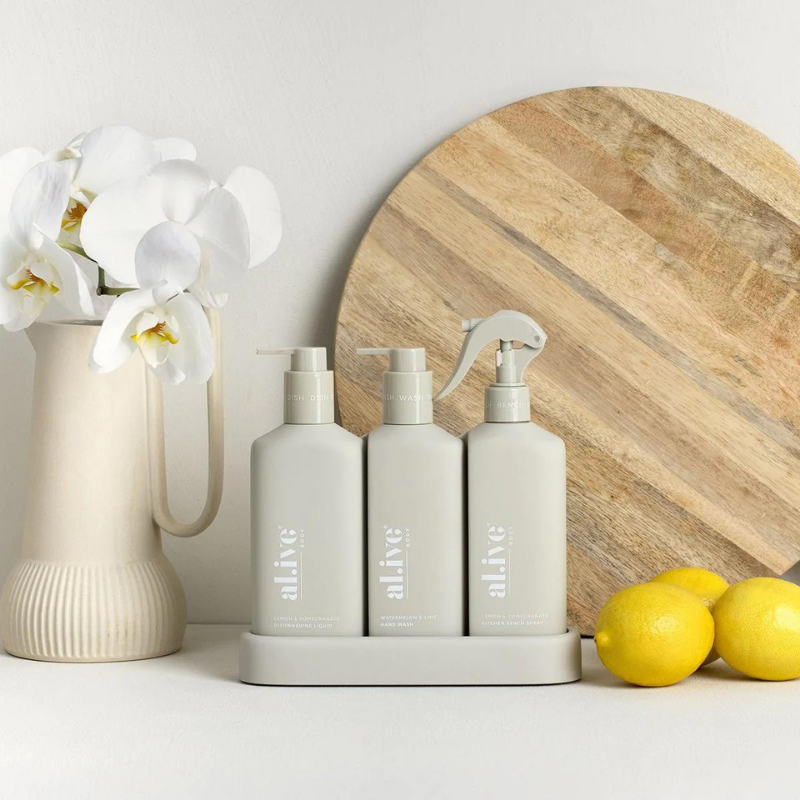 al.ive Dishwashing Liquid, Hand Wash & Bench Spray + Tray, Premium Kitchen Trio