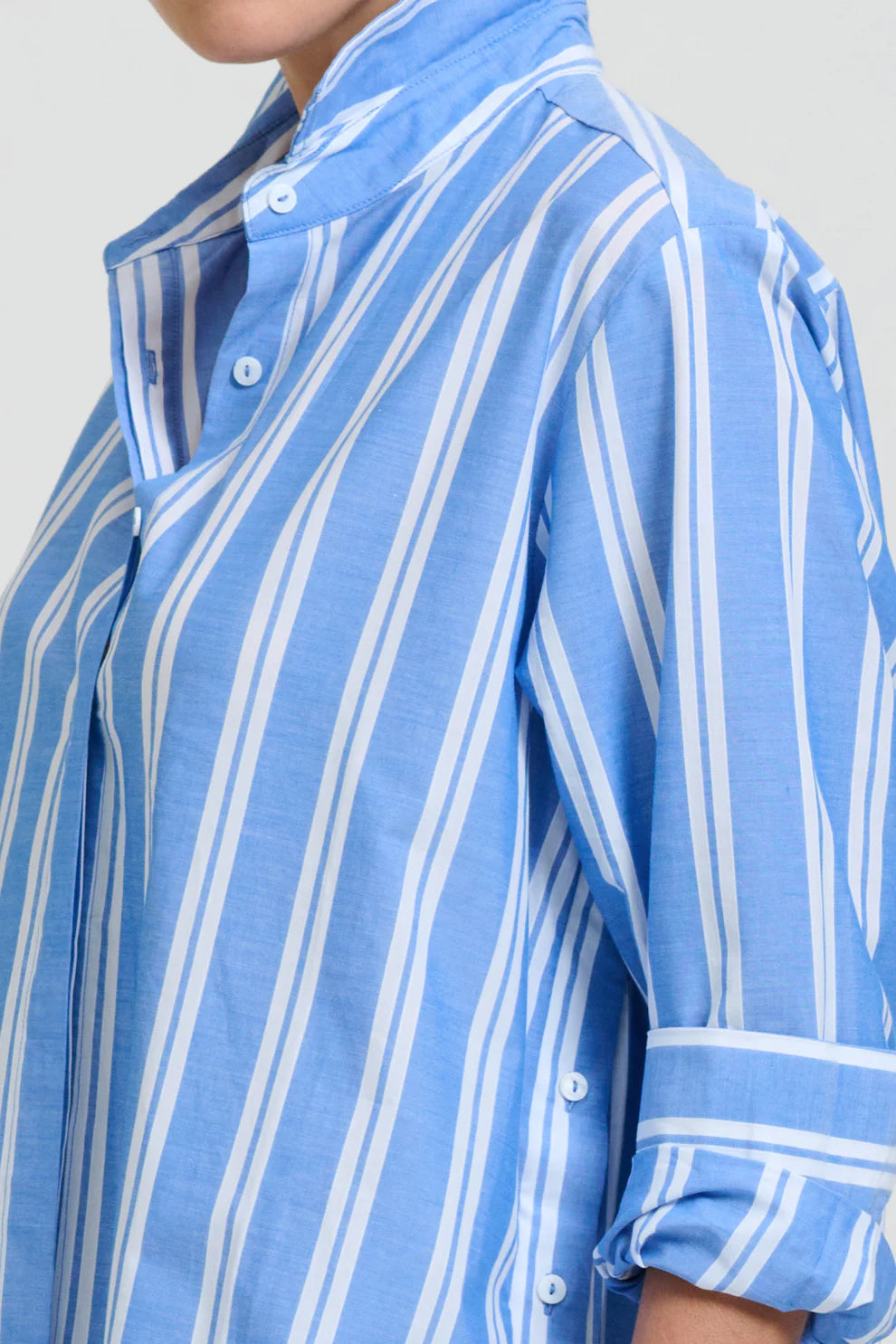 Button Longlline Shirtdress - Mid Blue Stripe