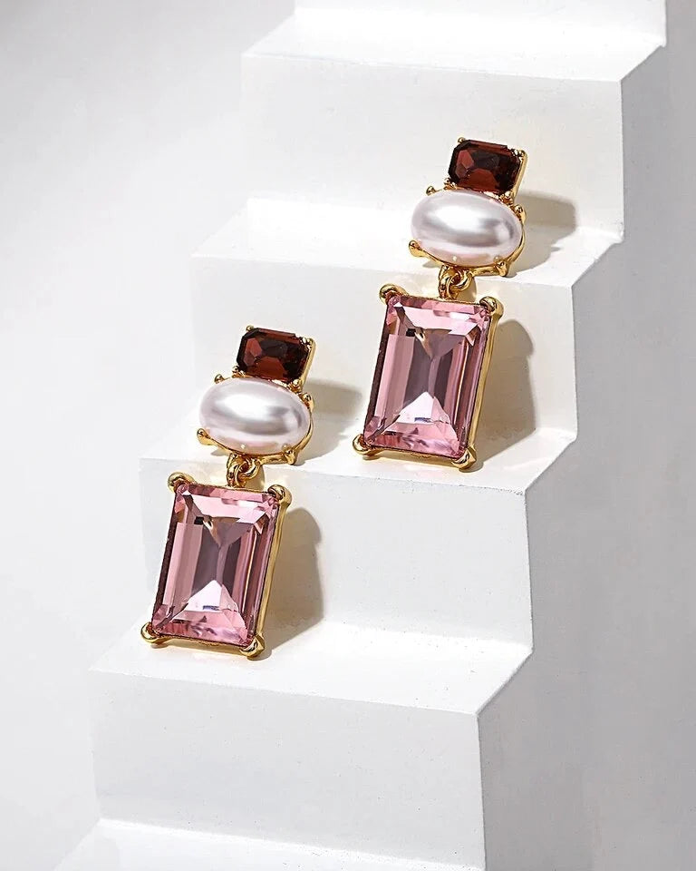 Matilda Geometric Crystal and Faux Pearl Earrings in Pink and Maroon