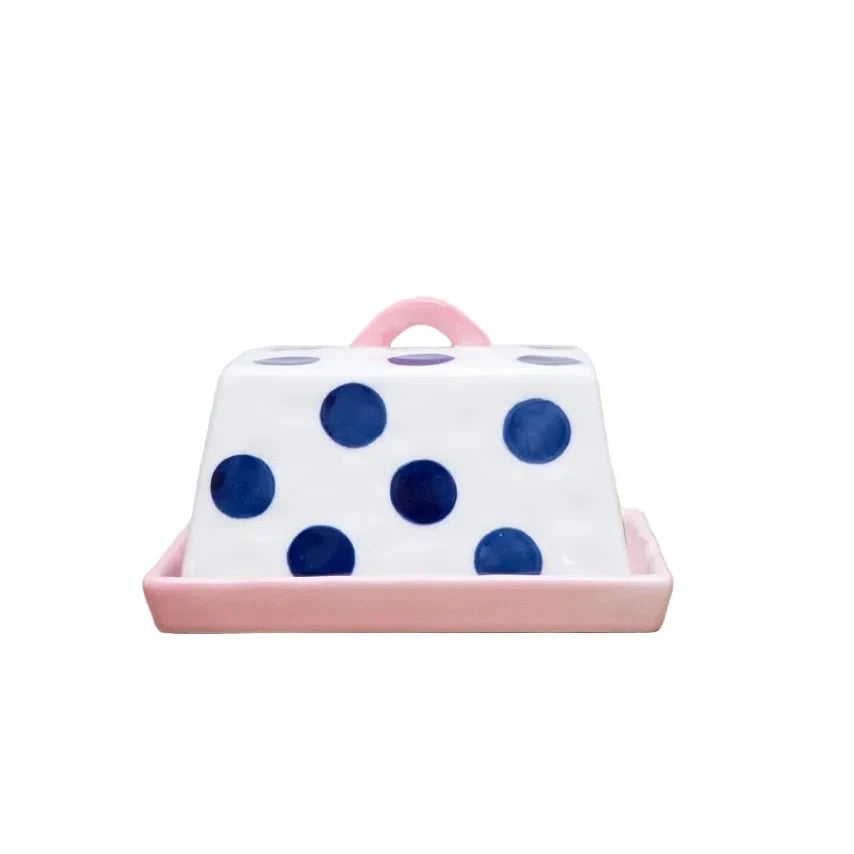Butter Dish - Navy Dots | Pink Handle & Tray