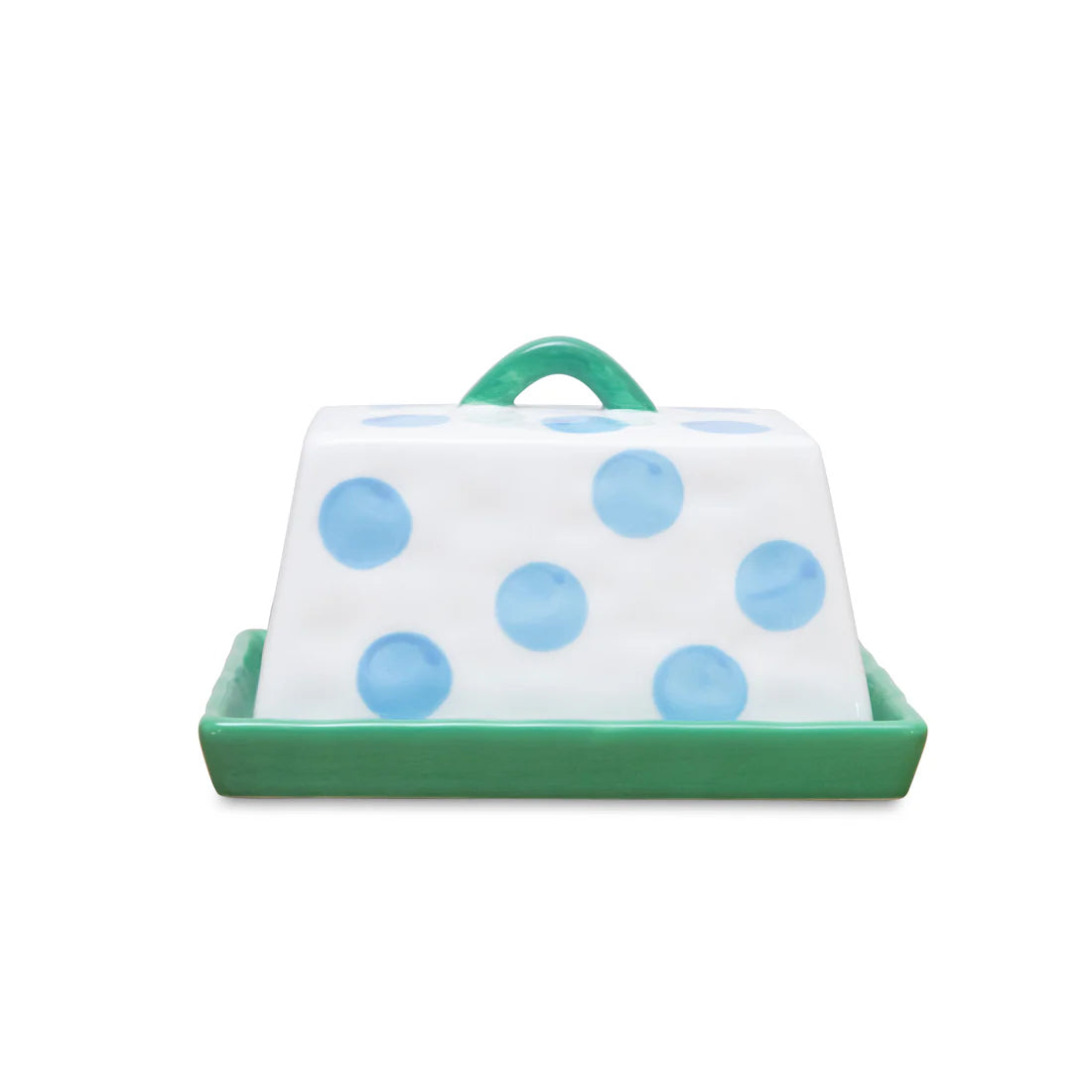 Butter Dish - Blue Dots | Green Handle & Tray