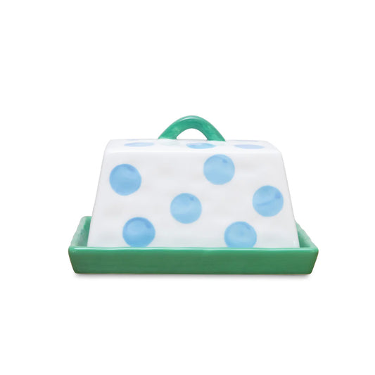 Butter Dish - Blue Dots | Green Handle & Tray