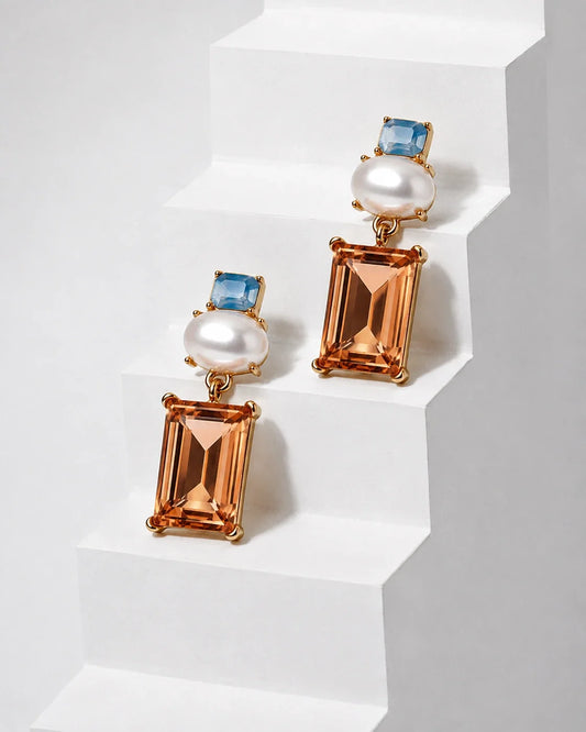 Matilda Geometric Crystal and Faux Pearl Earrings in Blue and Peach