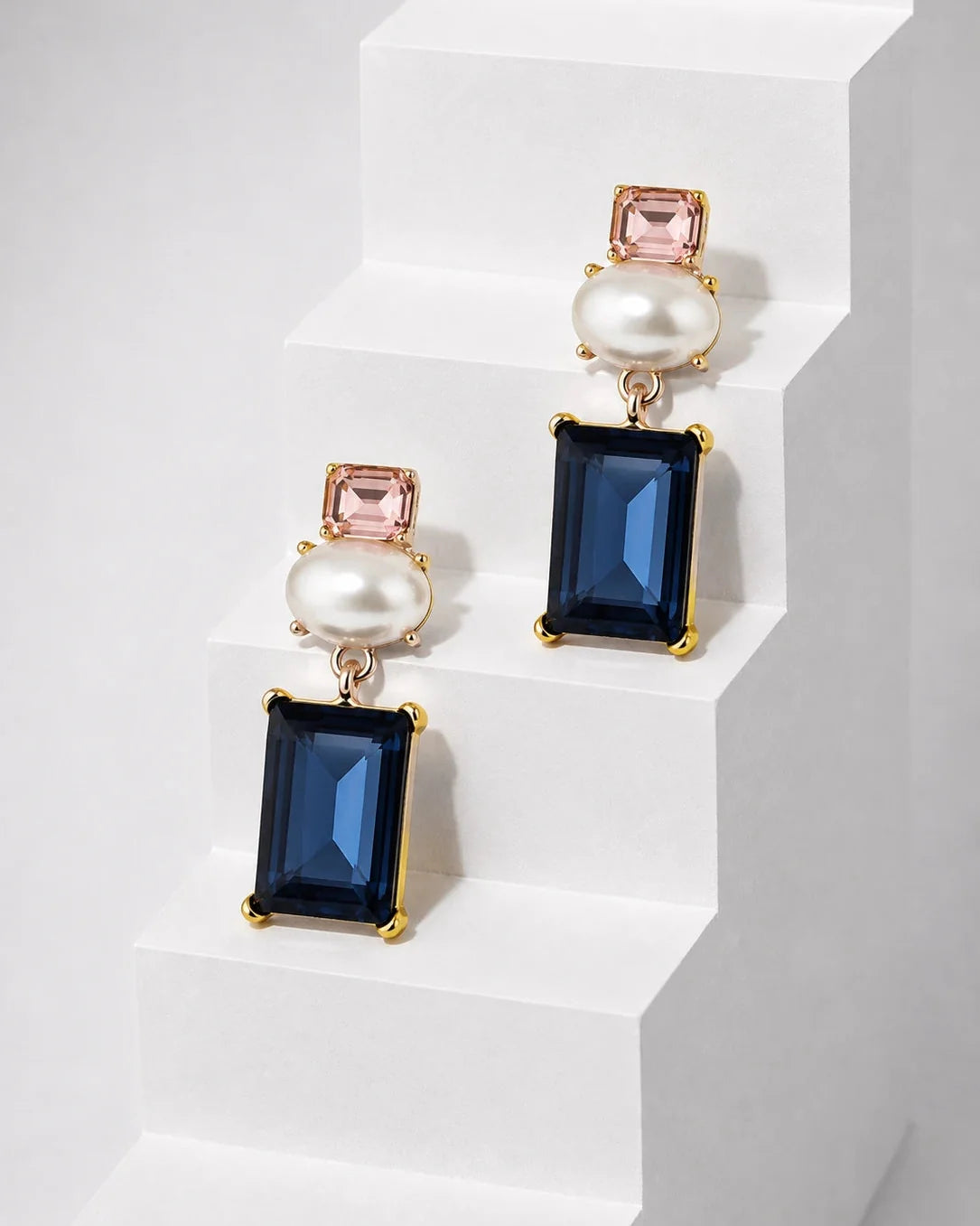 Matilda Geometric Crystal and Faux Pearl Earrings in Pink and Navy