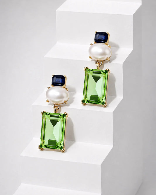 Matilda Geometric Crystal and Faux Pearl Earrings in navy and Green