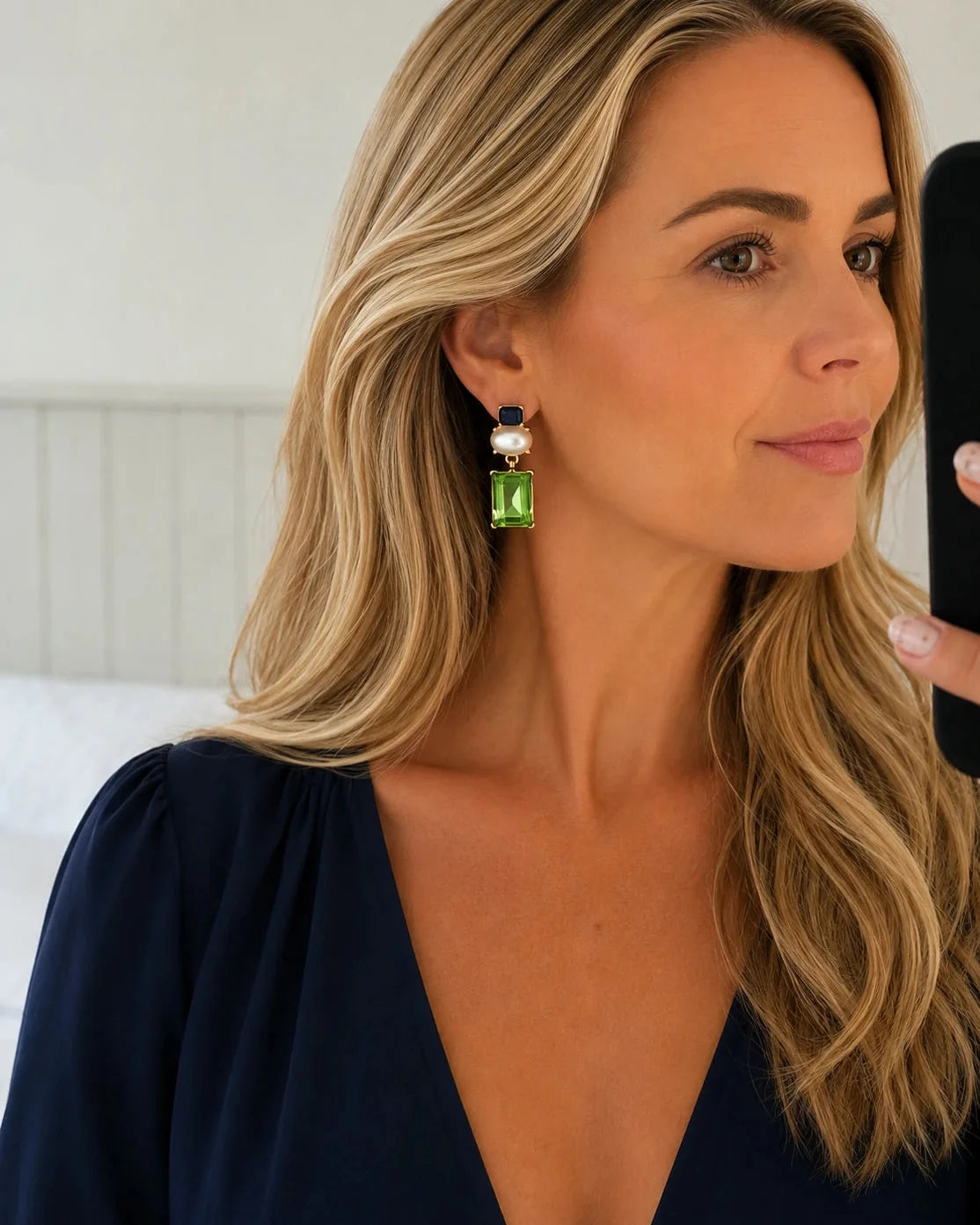 Matilda Geometric Crystal and Faux Pearl Earrings in navy and Green