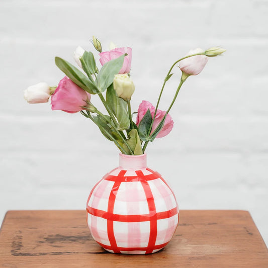 Round Bud vase- Red & Pink Gingham
