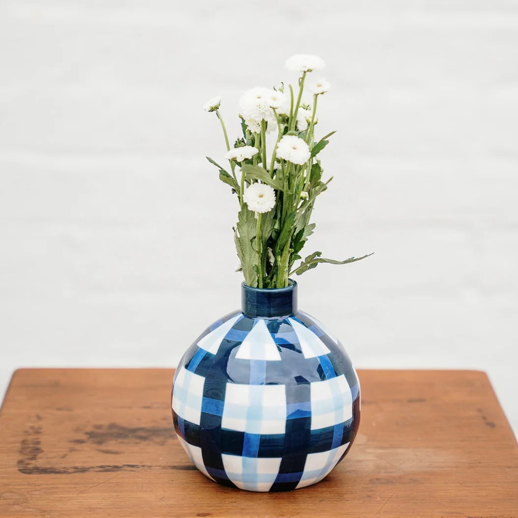 Round Bud vase- Navy & Cornflour Gingham
