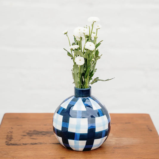 Round Bud vase- Navy & Cornflour Gingham