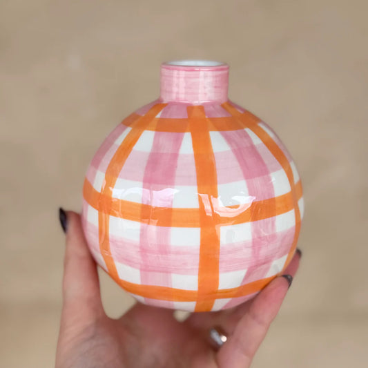 Round Bud vase- Pink & Orange Gingham