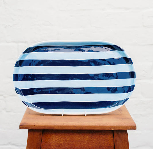 Oval platter - Navy & Cornflower Blue Stripes