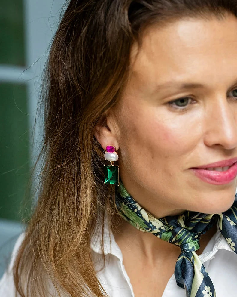 Matilda Geometric Crystal and Faux Pearl Earrings in Fuchsia and Emerald