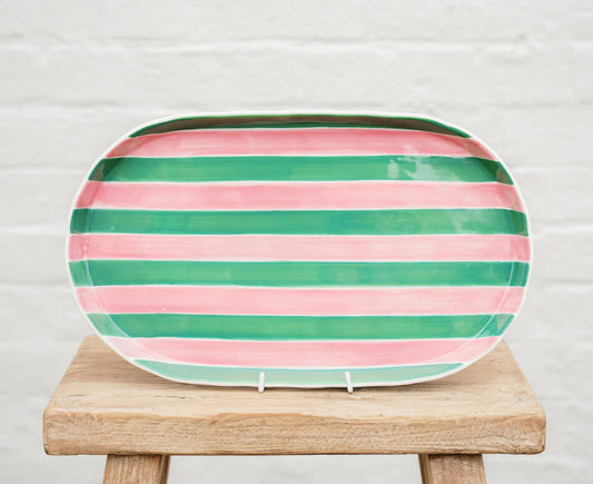 Oval Platter | Pink & Green stripe
