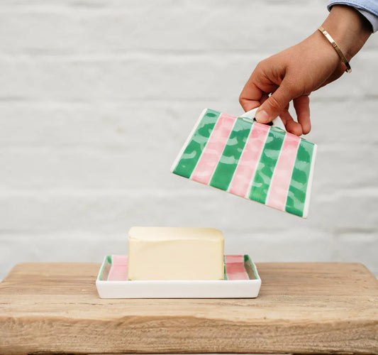 Butter Dish - Pink & Green stripe