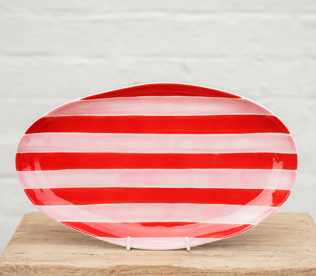 Small Oval Platter - Pink & Red Stripe