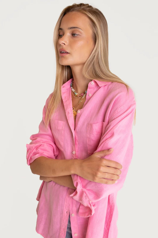 The Boyfriend Linen Shirt - Lift My Mood Pink