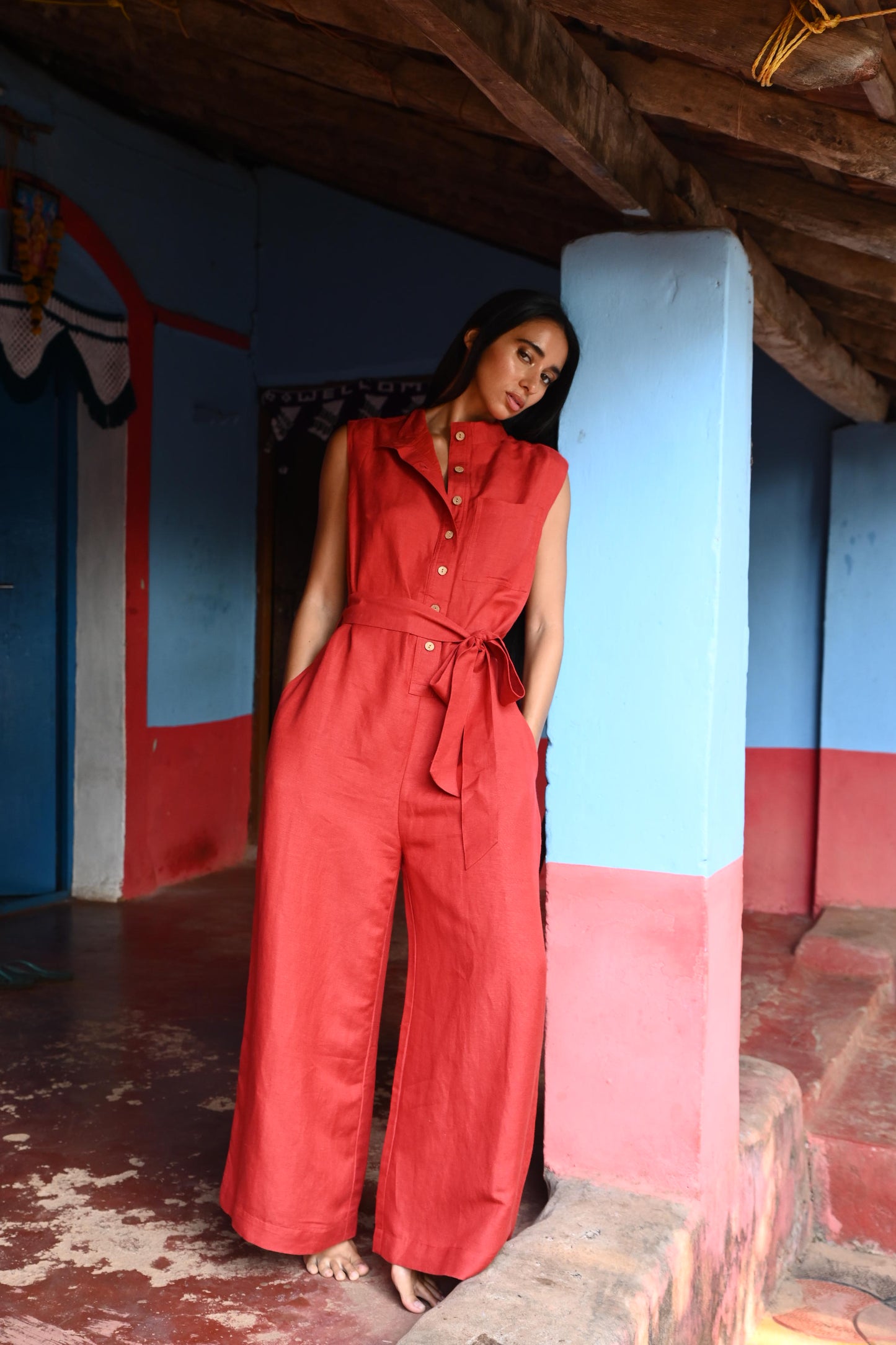 Isola Jumpsuit - Cherry Linen Blend