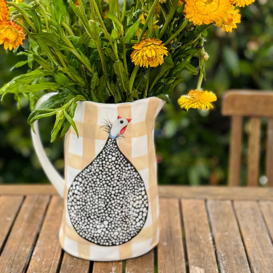 Guinea Fowl  Beige Gingham Jug