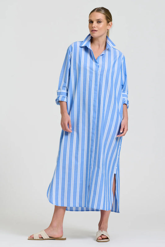 Button Longlline Shirtdress - Mid Blue Stripe