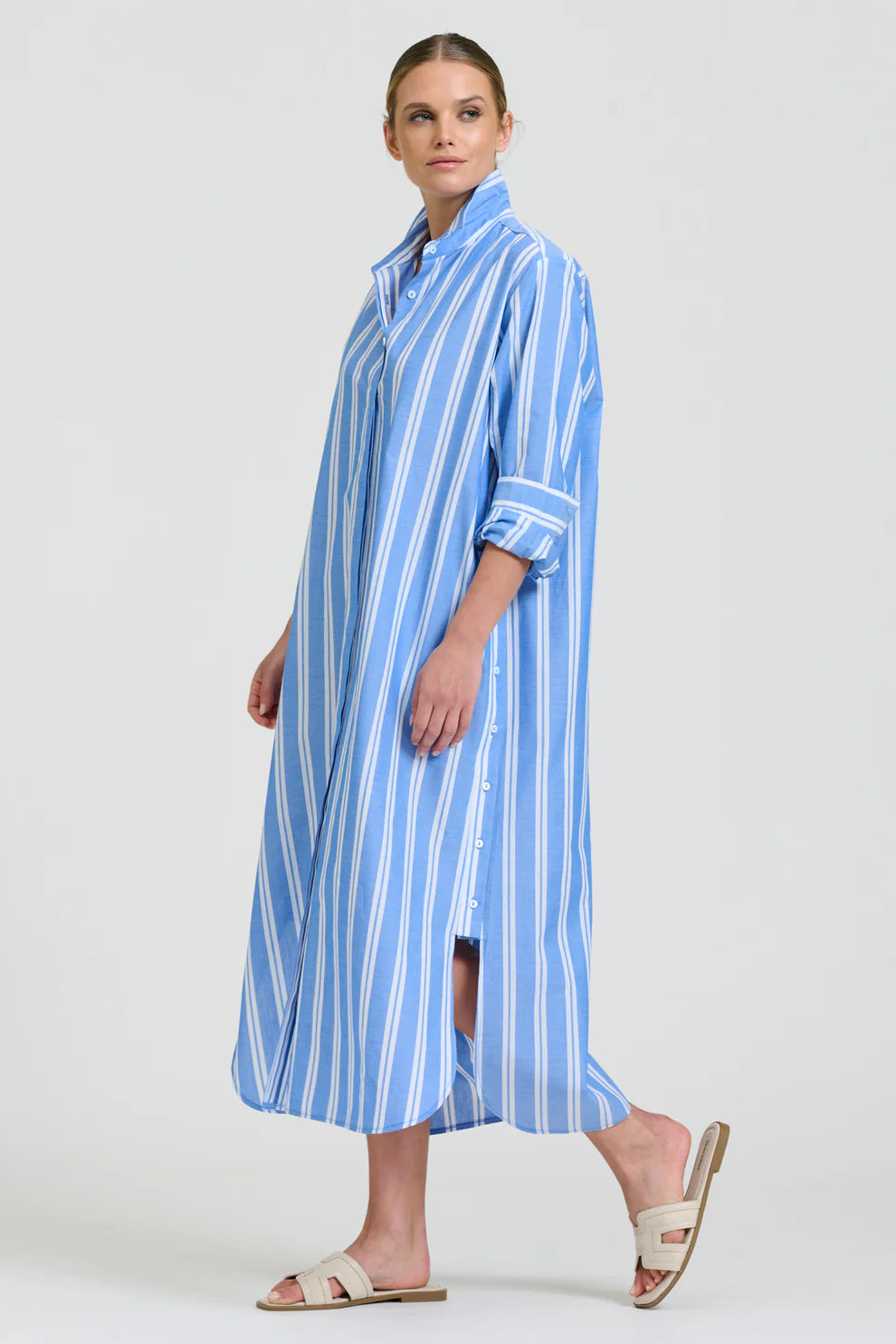Button Longlline Shirtdress - Mid Blue Stripe