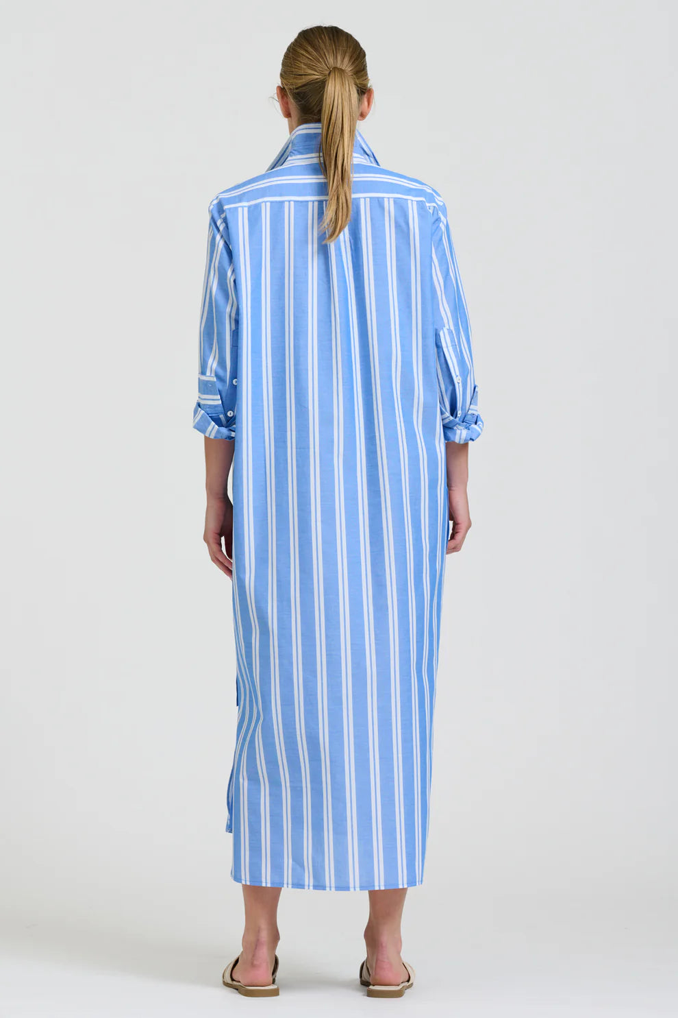 Button Longlline Shirtdress - Mid Blue Stripe
